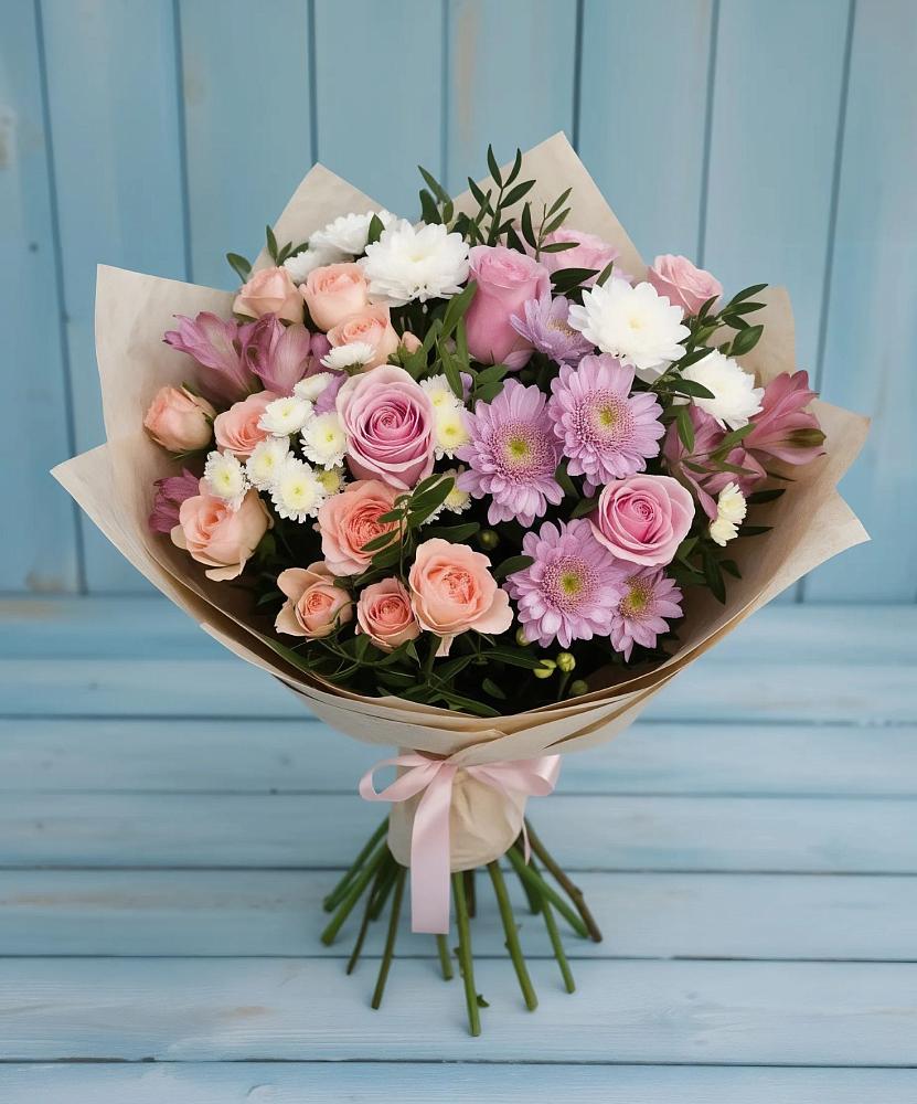 Букет цветов из: Хризантемы, Розы и Альстромерии в Лобне