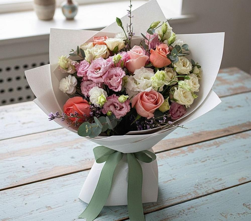 Букет цветов из: Розы, Лизиантусы и Гвоздики в Лобне