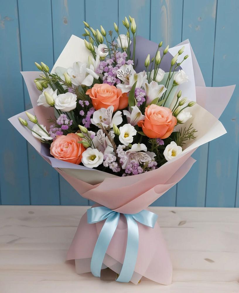 Букет цветов из: Лизиантусы, Розы, Альстромерии и Гипсофила в Лобне