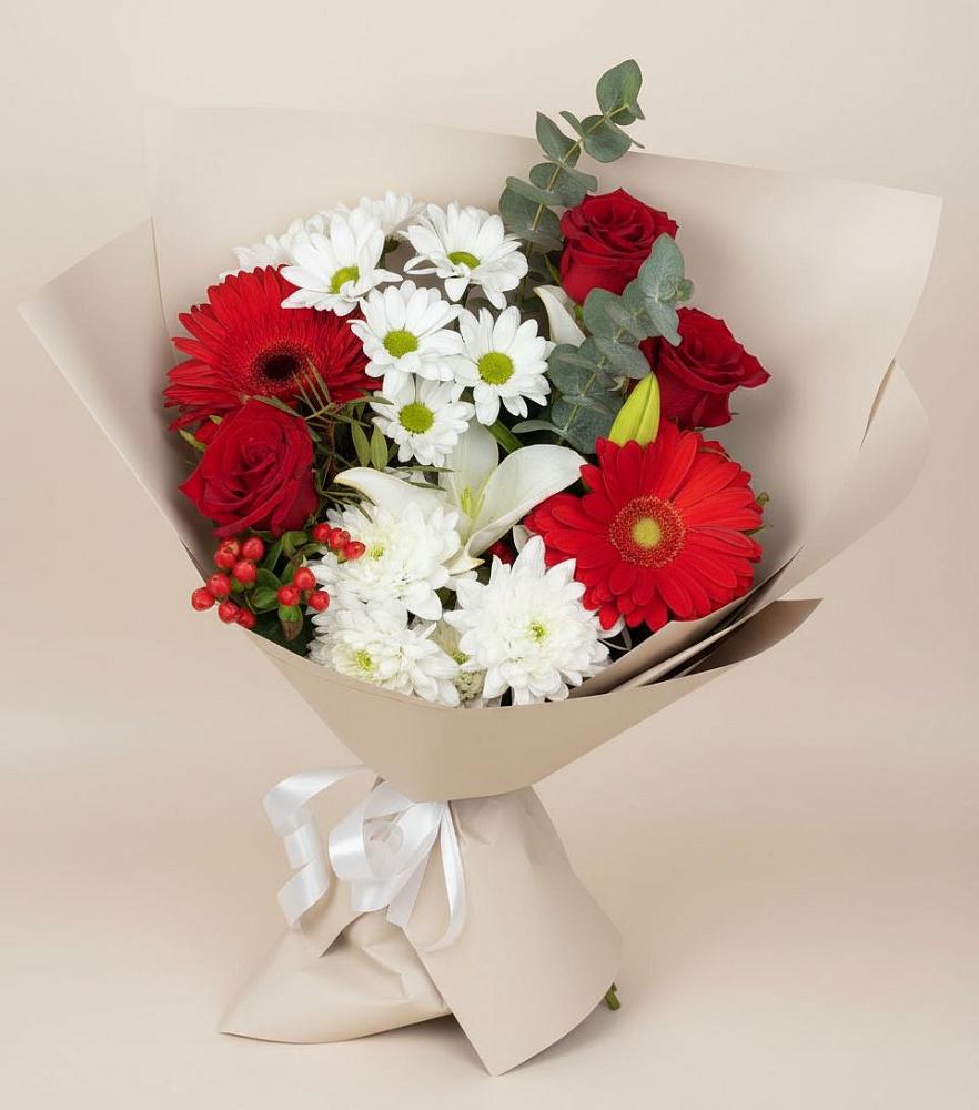 Букет цветов из: Розы, Хризантемы, Герберы и Лилии в Лобне