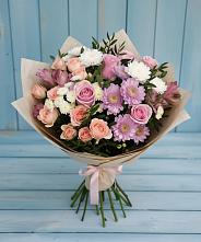 Букет цветов из:  Хризантемы, Розы и Альстромерии в Лобне