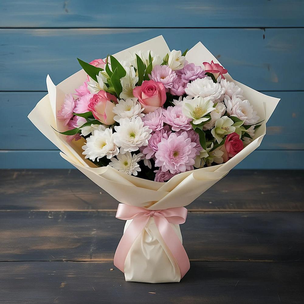 Букет цветов из: Хризантемы, Альстромерии и Розы в Лобне